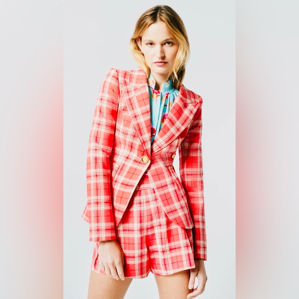 Smythe Duchess Plaid Patch Pocket Cotton Blazer in Watermelon Plaid sz 6US $795